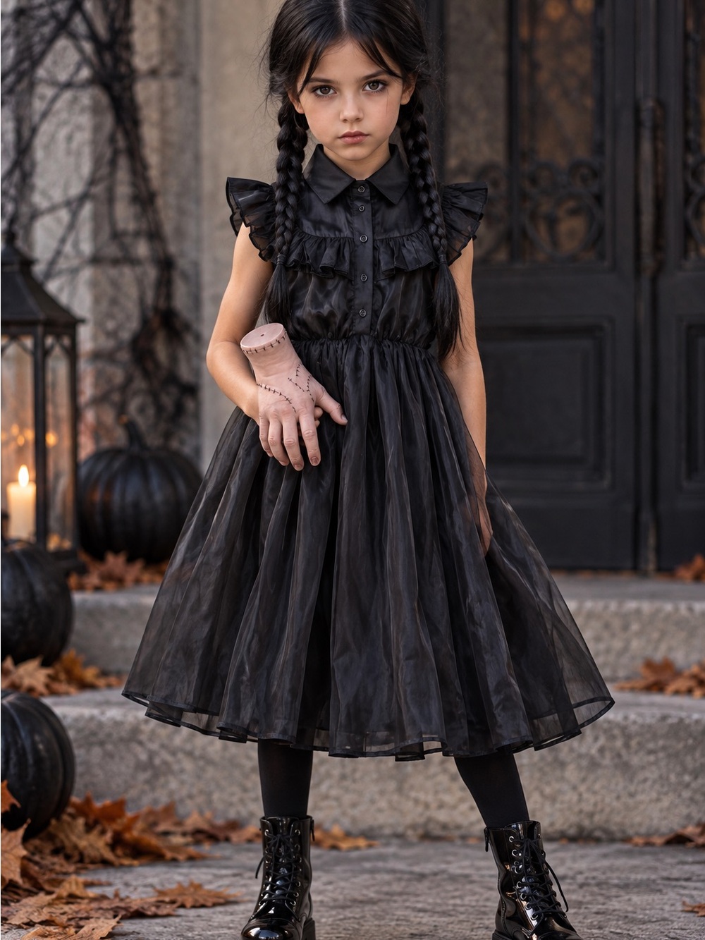 Adams Family Wednesday Costume-Girls' Black Ruffle Tulle Halloween Costume Dress